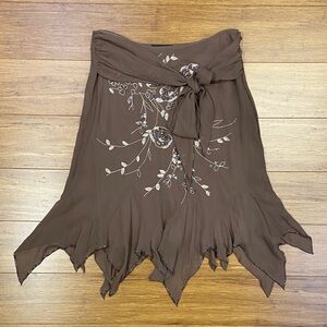 Y2K bebe Silk Brown Floral Sequined Handkerchief Hem Skirt size XS